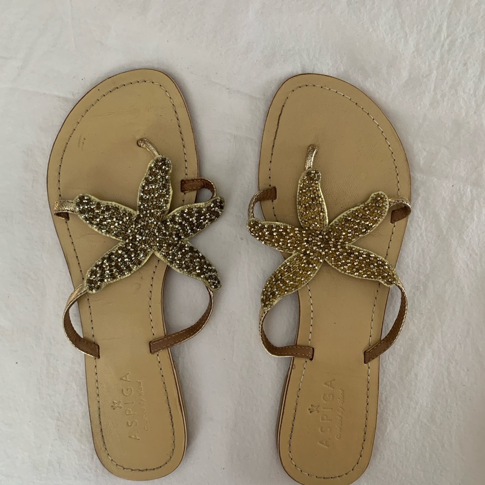 Aspiga Gold Starfish Women's Thong Style Beaded Leather Sandals Size 39